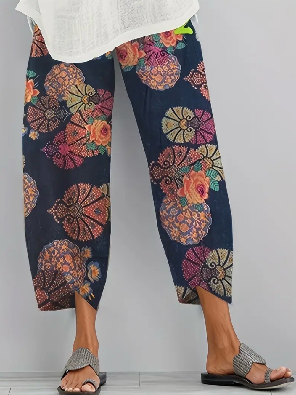 Navy Floral Wide-Leg Crop Pants